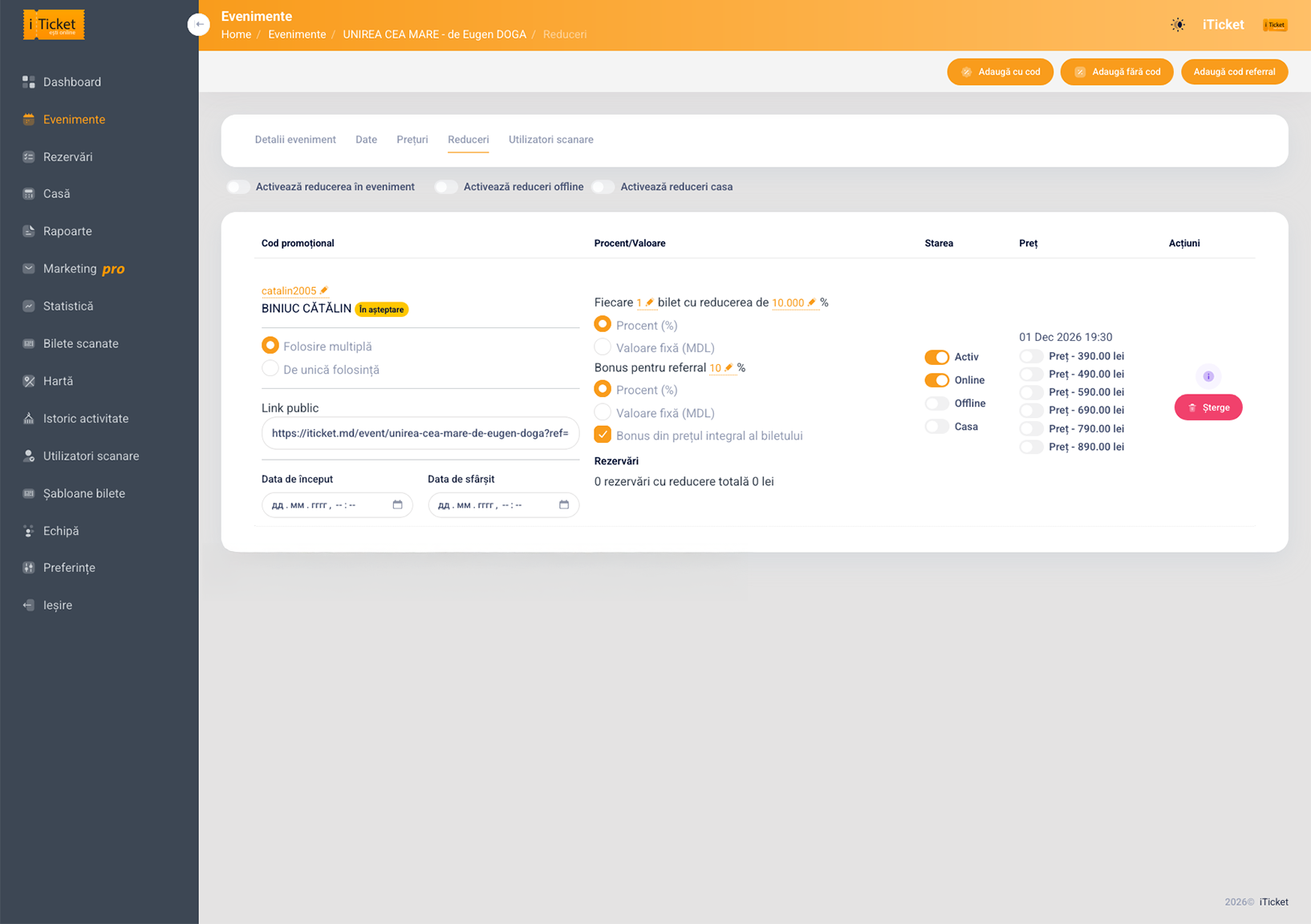 Fereastra iTicket pentru crearea unei campanii email sau SMS