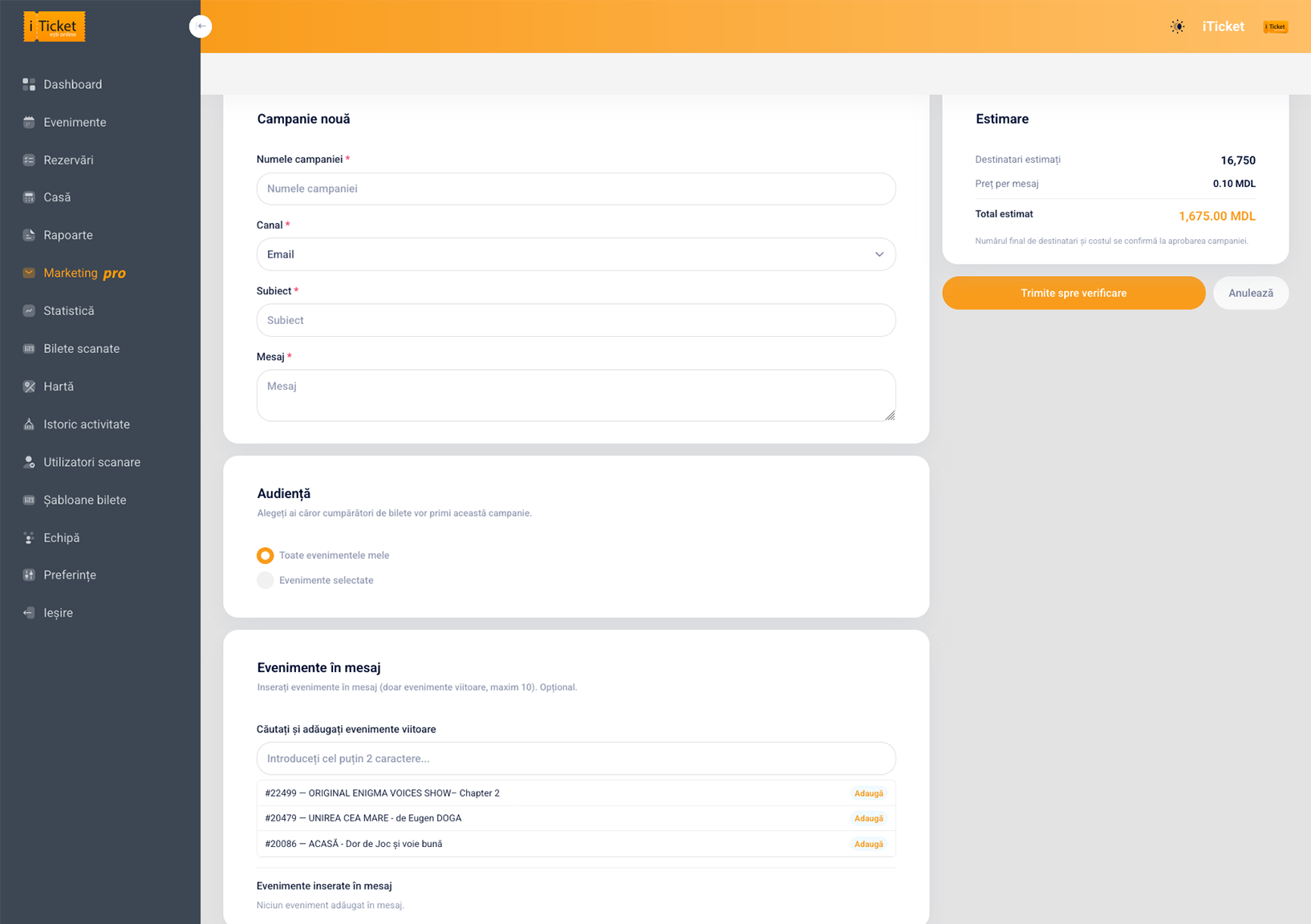 Fereastra iTicket pentru configurarea unei campanii referral